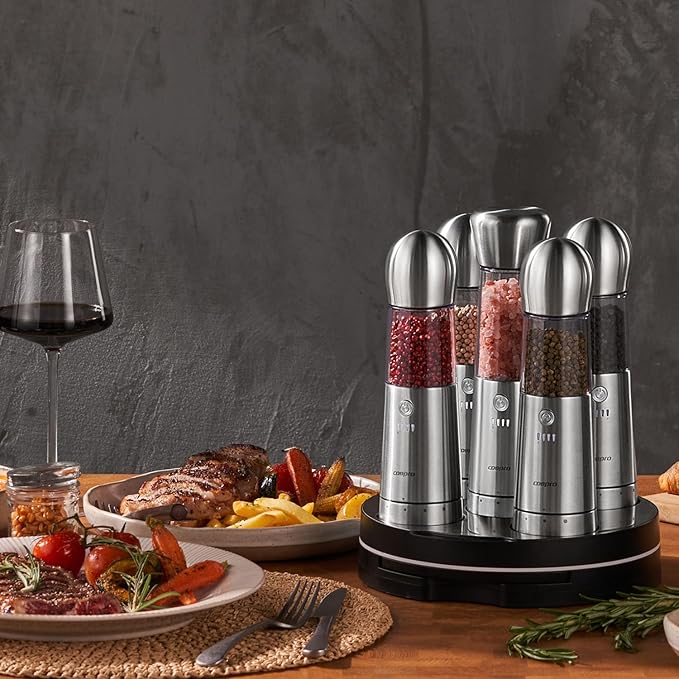 COSPRO Electric Salt & Pepper Grinder Set of 5 | Wireless Charging | Rechargeable | Stainless Steel | One-Hand Use | Adjustable Coarseness | Easy Clean | Himalayan Salt & Spices