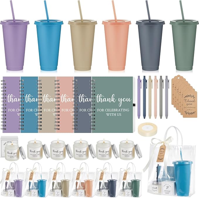 Nuogo 6 Sets New Parent Shower Prizes for Player Winners Adult, Wedding Bridal Shower Gift, Plastic Tumbler Notebook Scented Candle Ballpoint Pen Bag (Light Morandi Color,Classic Style)