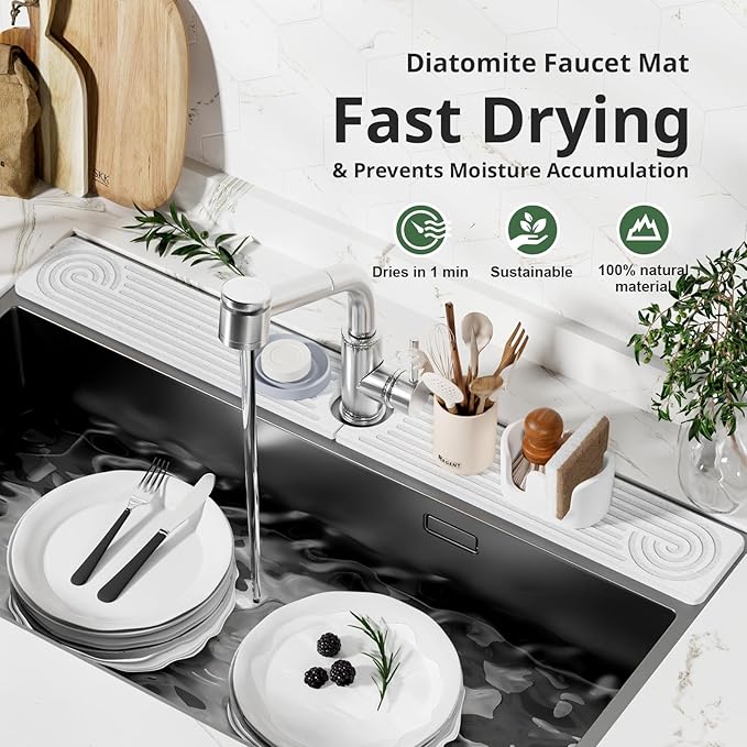 Quick Dry Sink Splash Guard - 30" Instant Dry Diatomite Faucet Mat Stone Sink Tray - Quick Drying Water Stone - for Kitchen and Bathroom Sink - White