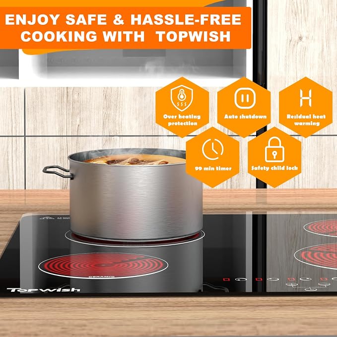 4 Burner Electric Cooktop, TOPWISH 24 Inch, Built-in Electric Stove Top, 220-240v Radiant Cooktop with Child Lock, Touch Control, Residual Heat Indicator, Overheat Protection, Hard Wire (No Plug) | 240V Electric Cooktop 4 Burner Kitchen Stoves, Radiant...