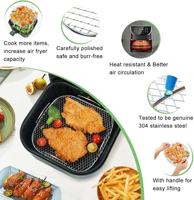 100PCS 9in Square Air Fryer Liners & Square Air Fryer Rack, Air Fryer Parchment Paper for Ninja AG301 Grill, Ninja AF141 Pro 4-in-1 & More, Ninja Foodi Grill Accessories