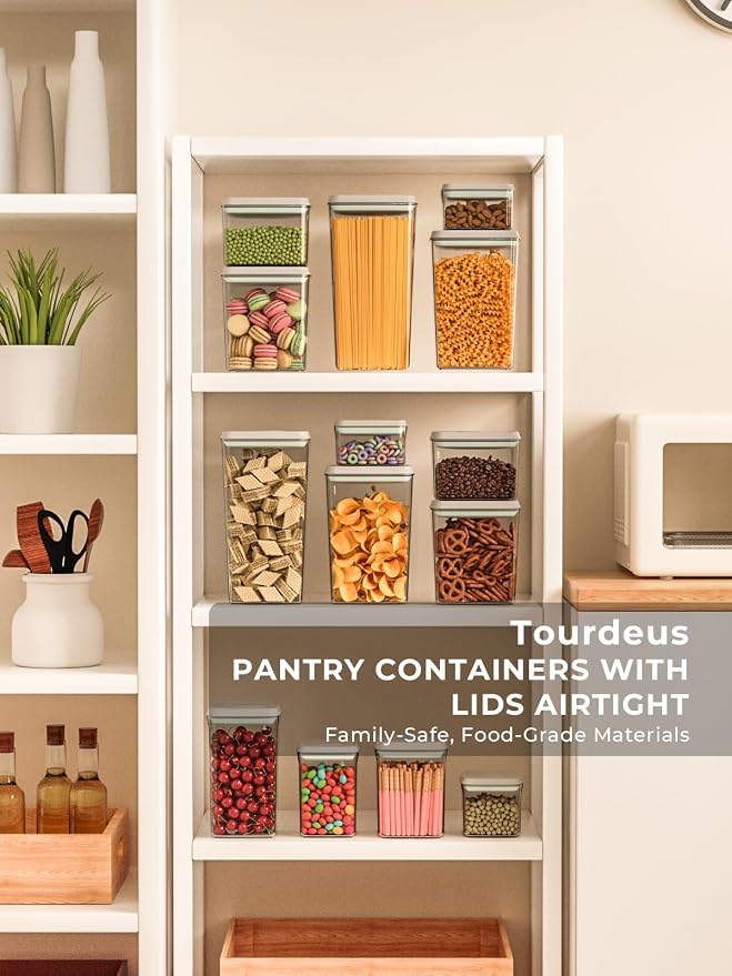 Pop Top Airtight Food Storage Containers, 4-Piece Pantry Starter Set with 4 Sizes, BPA-Free Clear Containers with Measurement Marks for Flour, Sugar, Cereal, Pasta