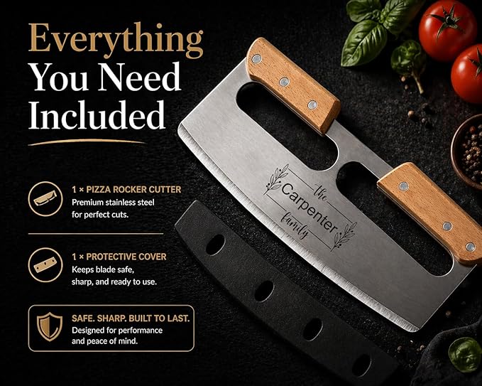 Personalized Pizza Cutter Rocker Knife 14” – No Dragging, Clean Cuts Every Time, Heavy Duty Stainless Steel Blade with Wood Handles, Professional Mezzaluna Pizza Slicer