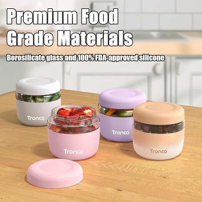 Tronco 24 oz Glass Food Storage & Lunch Bowl Containers with Airtight Lids | Leak & Spill Proof Meal Prep Container & Food Storage Jar for Lunch, Salad, Oats, Soup, BPA-Free, Microwave & Dishwasher Safe