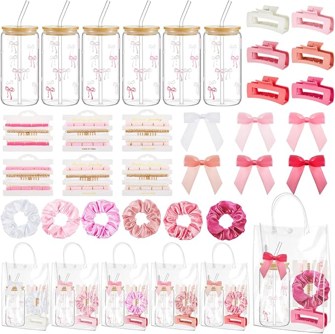 Suncalla 36 Pcs 6 Set Pink Birthday Gifts for Women, Sleepover Spa Party Girls Trip Bachelorette Party Favors for 6 People, Daisy Glass Cup Bracelets Hair Bands Hair Clip Tote Bags Bows