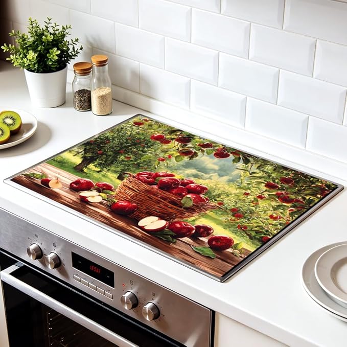 Stove Top Cover for Electric Stove 28.35 x 20.47 Inch Non Slip Stove Mat Apple Orchard Basket Glass Cooktop Protector Kitchen Counter Mat