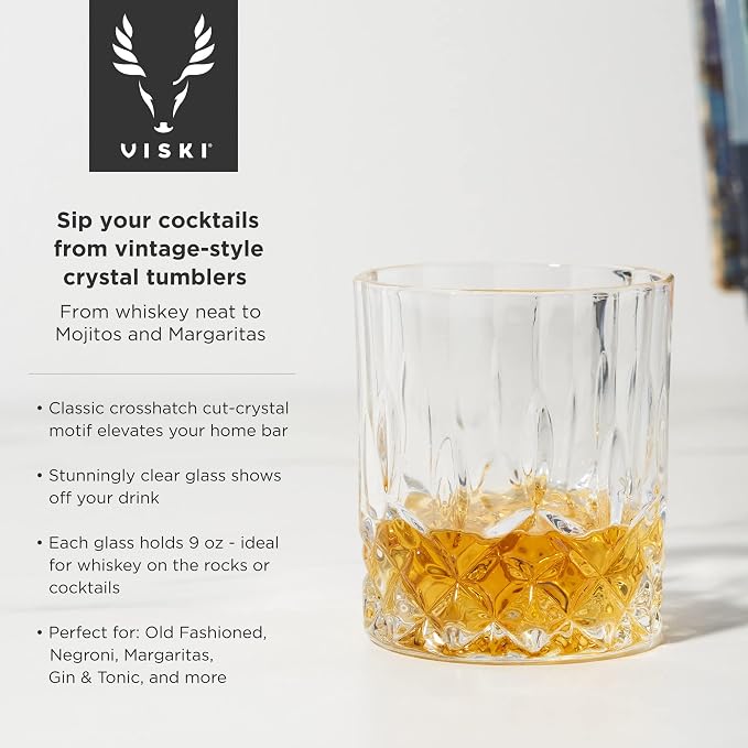 Viski Admiral Punch Bowl Set with 8 Tumblers, Cut Crystal Cocktail Party Serveware, Dishwasher Safe, 2.5 Gallons, 9 Oz Glasses, Set of 9