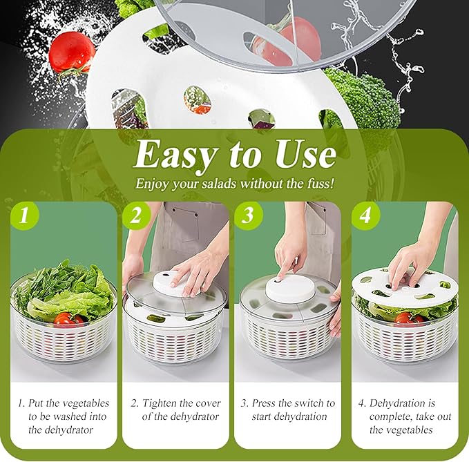 Electric Salad Spinner 6.3QT Large Capacity - Automatic Fast Drying Lettuce & Vegetable Spinner Serves 6-12 Persons with Squeeze Bottle, USB Rechargeable & Built-in Strainer