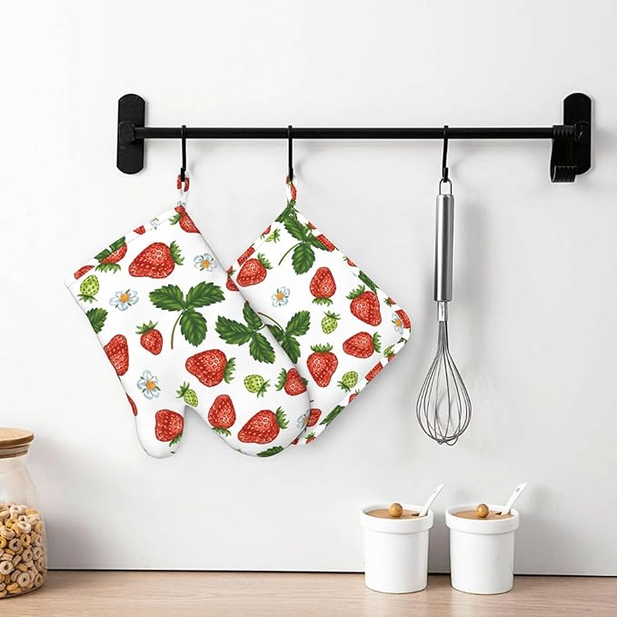 Red Strawberry Leaf Flower Oven Mitts and Pot Holders Set of 4 Silicone Strawberry Kitchen Mitten Gloves and Strawberries Potholders Set Heat Resistant Oven Gloves Hot Holders for Kitchen