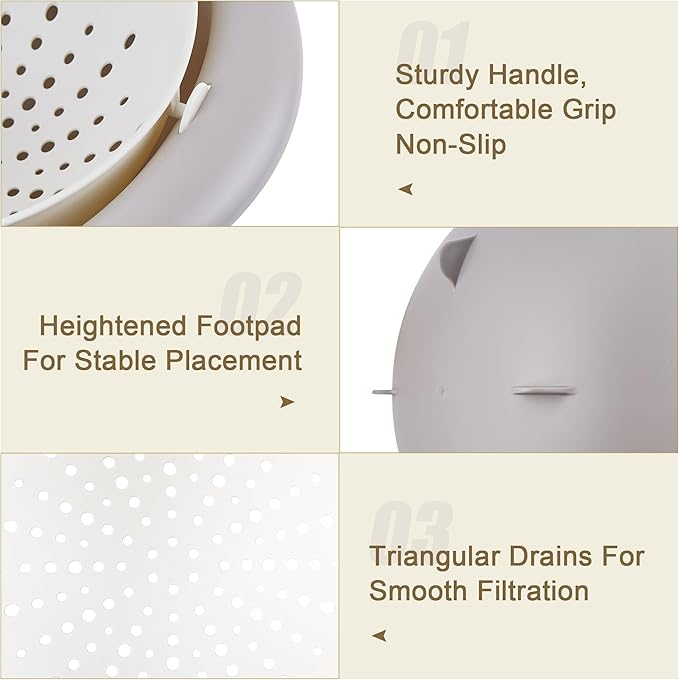 VECELO 2 In 1 Colander Strainer with Bowl Set, Fruit Vegetable Washing Colanders & Food Strainers, Heat-Resisted, Double Layer Colander for Kitchen for Pasta, Berry, Salads, Grey