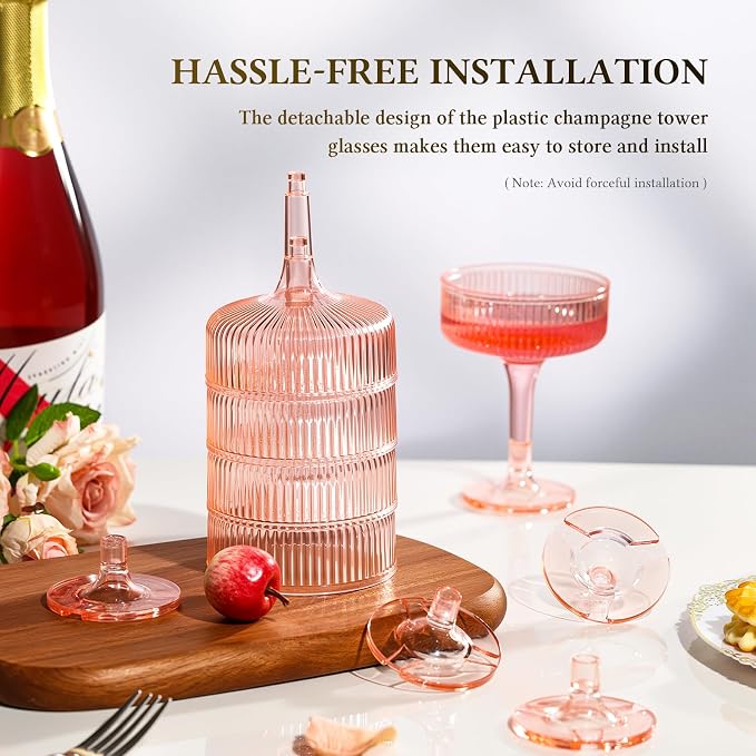 Goodluck 4-Tier Champagne Glasses - 20 PCS 7oz Pink Plastic Champagne Flutes, Plastic Coupe Glasses with Vertical Stripes for Weddings, Celebrations, Parties & Birthdays