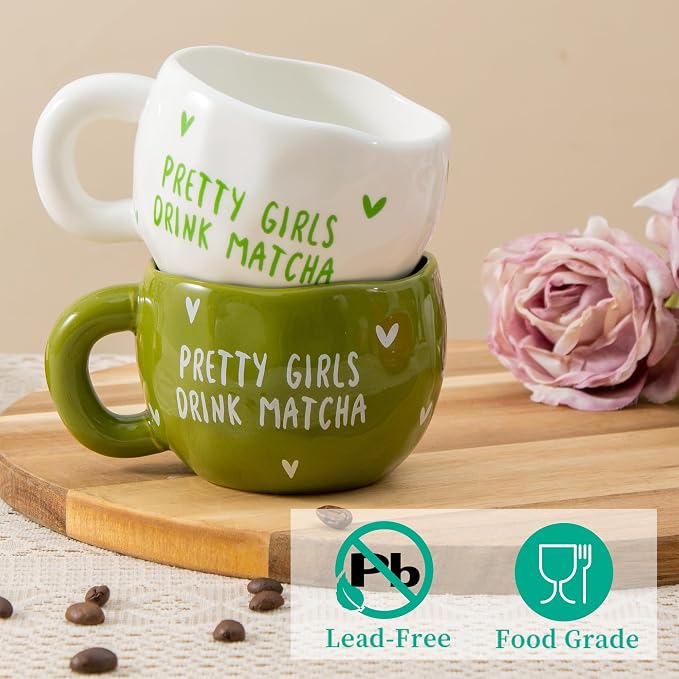 4pcs Ceramic Coffee Cups, 9.4OZ Cute Matcha Cup Set, Green & White, Dishwasher Safe Green Tea Mugs, Pretty Girls Collection