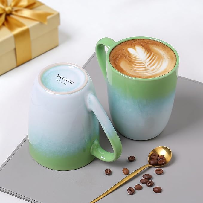 MONITO 14 OZ Coffee Mugs Set of 4, Large Ceramic Blue Coffee Mugs Set with handle for Tea/Latte/Milk/Cocoa, Funny Tea Cups for Office and Home, Engagement Gifts. (White-green)