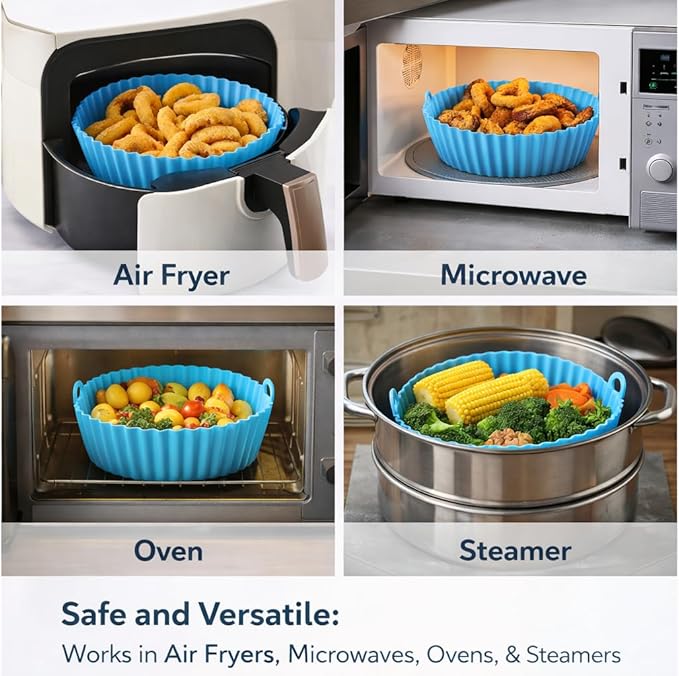 Silicone Air Fryer Liners by Lavang Creations – 4-Piece Reusable Air Fryer Accessory Set with 2 Liners (Round & Square), Tong & Brush, Fits Most 4–7 QT Air Fryers (Blue & Gray)