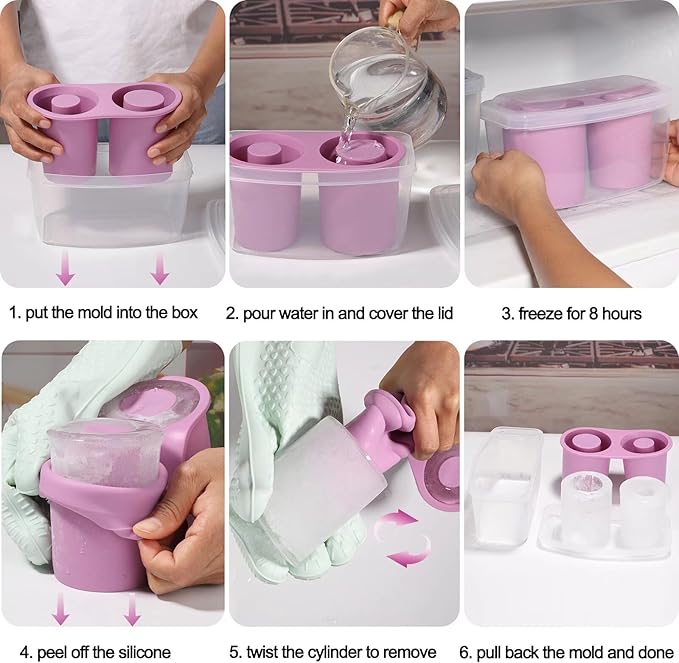 Ice Mold for Stanley Cup, Silicone Ice Cube Tray for Stanley Cup 30oz-40oz, Tumbler Ice Mold with Lid and Bin, Easy Release Cylinder Ice Cube Mold, 1 Pack, Lilac
