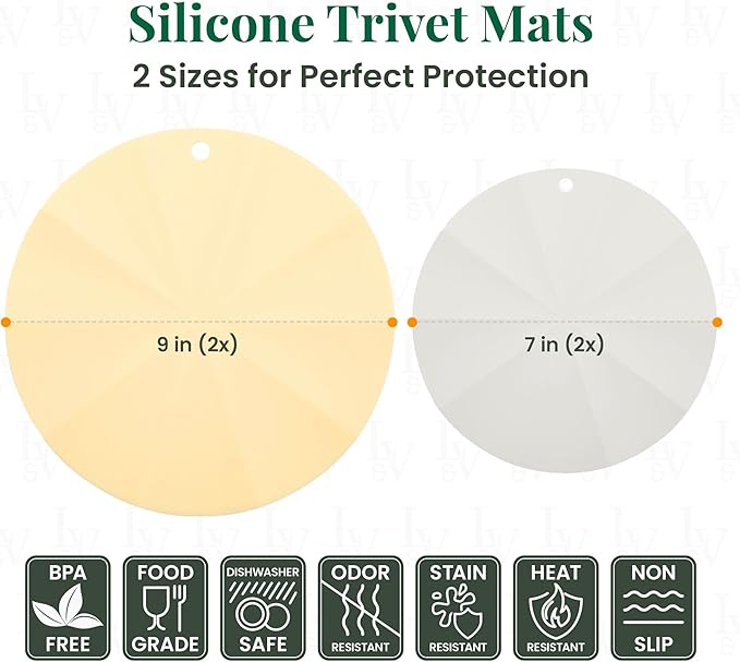 Larder & Vine Silicone Trivets for Hot Pots and Pans | Set of 4 Round Hot Pads for Kitchen | 7” & 9” Trivets for Hot Dishes | Heat-Resistant Silicone Mats for Kitchen Counter | Limoncello/French Gray