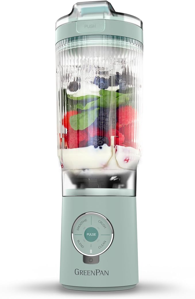 GreenPan Spin & Go Portable Blender, 24oz BPA-Free Cup, Self-Cleaning, Shakes Smoothies Juices, Crushed Ice & Frozen Fruits, Leakproof Lid, Fast Charge, Personal Handheld for Travel & Gym, Ancona Blue