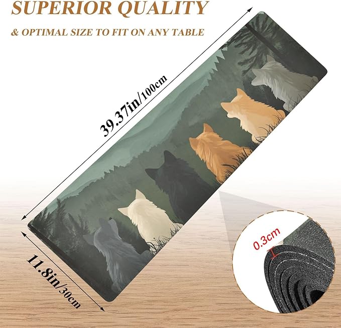 2 in 1 Table Runner Trivet for Hot Pots and Pans Heat Resistant Non Slip Waterproof 39 x 12 Inch Decorative Table Protector for Kitchen Countertop Cute Wolves Back and Green Mountain