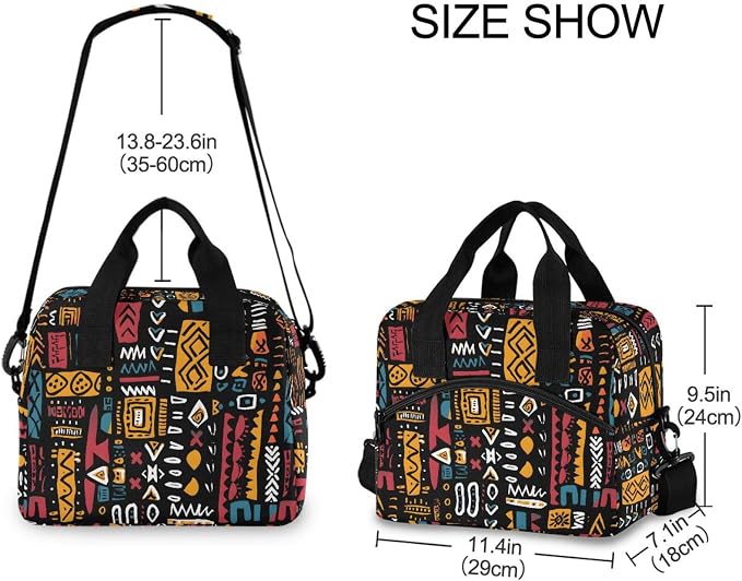 OREZI Reusable Lunch Bag for Girls Boys Women Men,African Ethinic Geometric Print Lunch Box Container with Detachable Shoulder Strap,Insulated Lunch Coolers for School Office