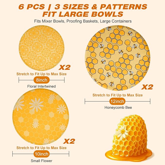 6 Pcs Beeswax Bowl Covers Reusable, Large Reusable Bowl Covers for Bread Proofing,Stretchable to Fit 8/10/12 Inch Bowls (2 Each),3 Patterns, Beeswax Wraps for Bread,Leftovers,Fruits,Salad