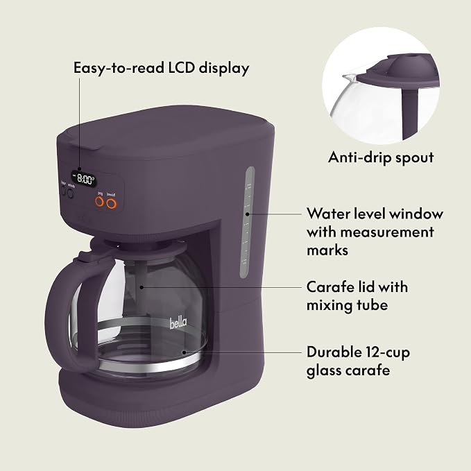bella 12 Cup Programmable Coffee Maker, Reusable Dishwasher Safe Accessories, Easy LCD display, Auto Shutoff, 900 watt, Plum