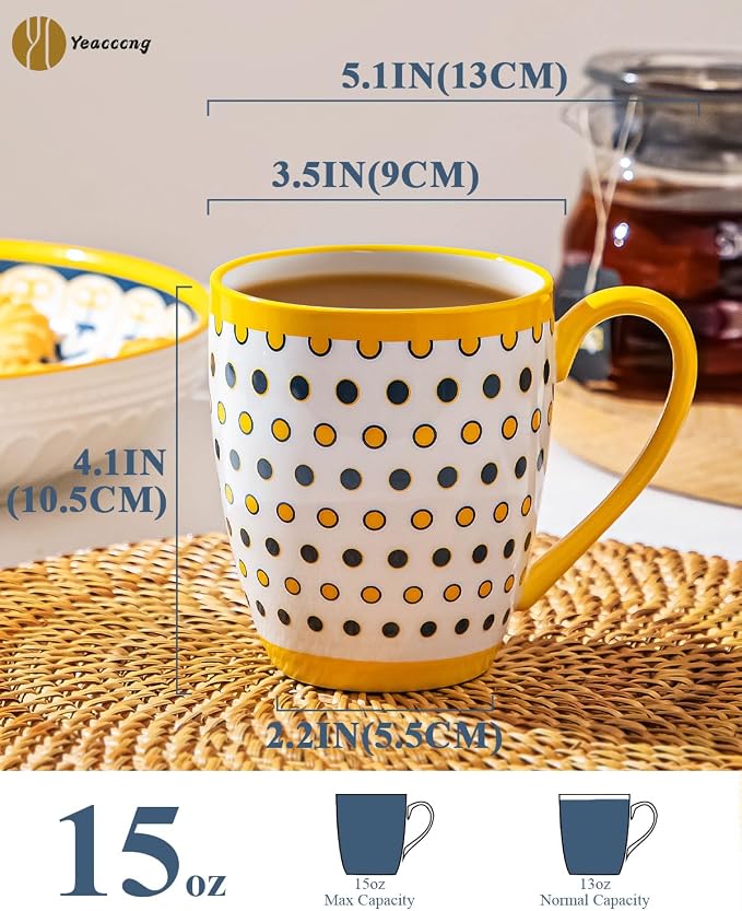 Yeacccng Bohemian Coffee Mugs Set of 6, 15 Oz Ceramic Latte Cappuccino Cups with Yellow Handle, Non-Slip Grip Sturdy Base, Dishwasher Microwave Oven Safe, Scratch-Resistant Boho Tea Mugs