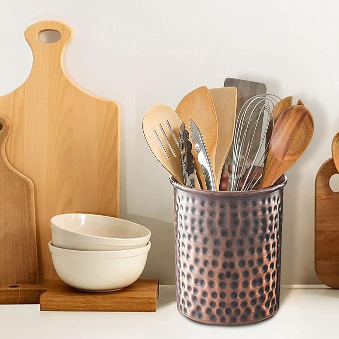 Monarch Abode Kitchen Utensil Holder – Hand Hammered Metal Antique Copper Utensil Holder, Decorative Utensil Crock for Kitchen Counter, Cooking Tool and Spatula Holder for Countertop, Caddy Organizer