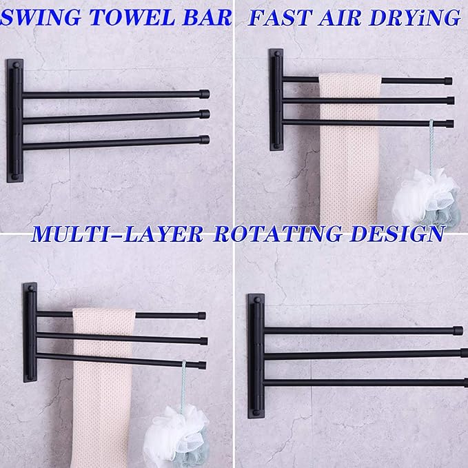 GERZWY Bath Towel Holder Swing Out Towel Bar SUS 304 Stainless Steel Bathroom Hand Towel Rack 3-Bar Folding Arm Swivel Hanger Wall Mount Matte Black HYG03-BK
