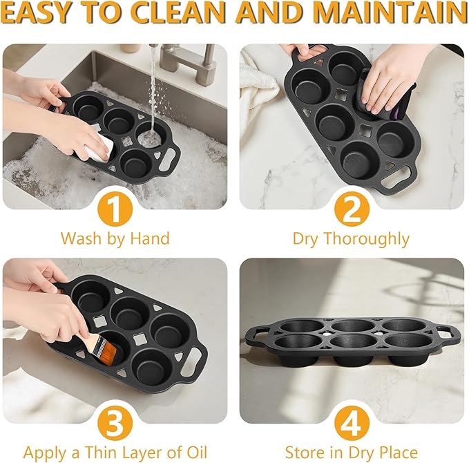 6 Cup Cast Iron Muffin Pan - Pre-Seasoned Nonstick Muffin Tin, Regular Size Cupcake Baking Pan
