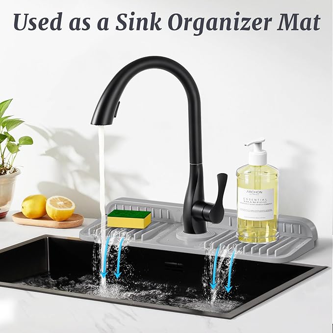 PoYang 14.6 inch Faucet Mat for Kitchen Sink Splash Guard, 7° Slope Silicone Sink Water Splash Guard for Kitchen Sink Area with Snap, Long Sink Protectors for kitchen Sink Sponge Holder, Light Grey
