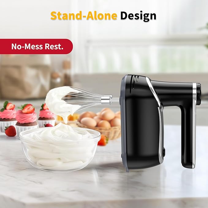 binROC Cordless Electric Hand Mixer, 12-Speed Rechargeable Handheld Mixer with Eject Button, 6 Stainless Steel Attachments, Snap-On Storage Case, LED, Self-Stand for Baking, Cake, Dough, Egg (Black)