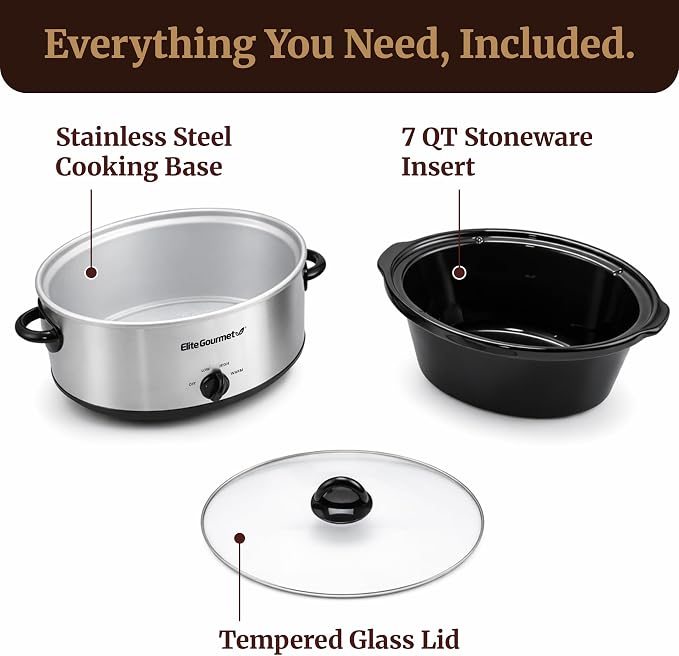 Elite Gourmet MST710 7 Quart Slow Cooker Pot, Removable Stoneware Insert, Tempered Glass Lid, Low/High/Keep Warm Settings, Dishwasher Safe, Cool-Touch Handles, One-Dial Control, Stainless Steel