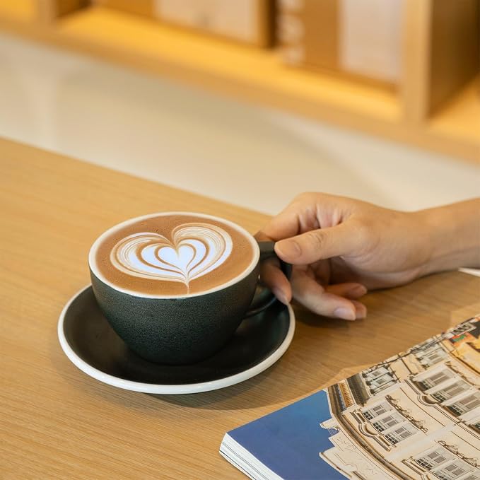 Loveramics Matt Cappuccino Cup, 10 oz Ceramic Latte Art Mug with Saucer, Thick-walled stoneware cup Set, Barista Latte Cup Set for Latte, Cappuccino, Tea - Mineral Colors (Anthracite, 10OZ)