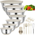 CHAREADA Mixing Bowls with Airtight Lids, 18pcs Stainless Steel Nesting Colorful Mixing Bowls Set Non-slip Silicone Bottom, Size 4.5, 3.6, 2.7, 2.1, 1.7, 1.1, 0.7 qt, Fit for Mixing & Serving (Khaki)