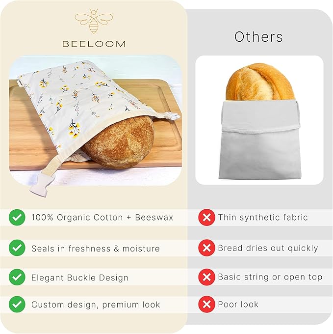 Bread Bags XL (Set of 2) – Reusable Beeswax Bread Bag for Homemade & Sourdough Bread – 100% Cotton with Beeswax Lining – Eco-Friendly Bread Storage Bag – Keeps Bread Fresh Longer