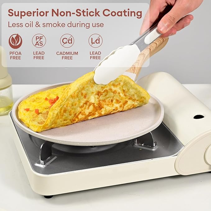 JEETEE Crepe Pan Nonstick, 9.5 Inch Comales Para Tortillas Griddle Pan for Stove Top, Granite Coating Flat Pancake Pan Dosa Tawa, PFOA FREE and Induction Compatible (Beige)