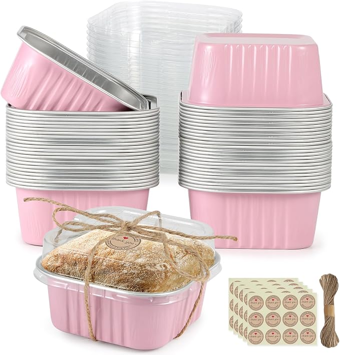Mini Square Baking Cups with Lids, 50 Pcs Pink 5oz Aluminum Foil Cupcake Tins with Lids, Disposable Ramekins Flan Cake Pans Tins for Souffle, Dessert, Valentine, Wedding, Party Small Cake Containers