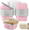 Mini Square Baking Cups with Lids, 50 Pcs Pink 5oz Aluminum Foil Cupcake Tins with Lids, Disposable Ramekins Flan Cake Pans Tins for Souffle, Dessert, Valentine, Wedding, Party Small Cake Containers