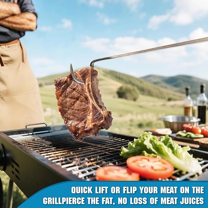 Meat Flipper, Grill Hooks for Turning, Heavy Duty Stainless Steel BBQ Turner Hooks with Long Handle for Flipping Ribs, Pork Shoulder, Roast on Smoker Grilling (Left Hand - A)