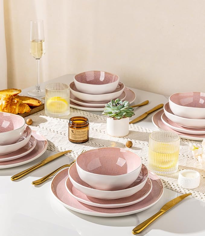 GBHOME Stoneware Dinnerware Sets for 6, 24 Pieces Rustic Ceramic Plates and Bowls Set, Handmade Reactive Glaze Plate Sets, Highly Chip Resistant Dishes, Microwave & Dishwasher Safe, Pink