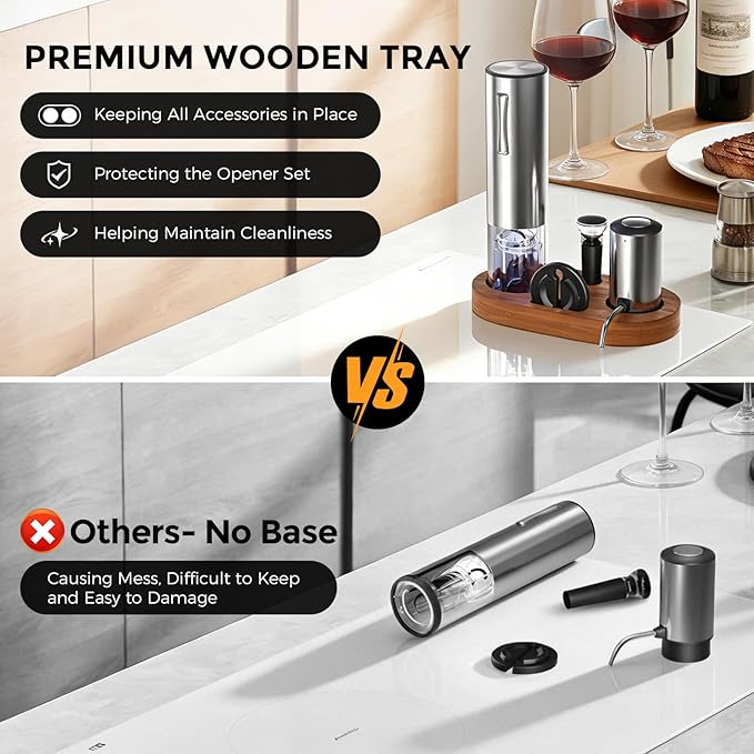 Rechargeable Electric Wine Opener 5-In-1 Set, Stainless Steel Automatic Wine Opener with Electric Wine Aerator, Foil Cutter, Wine Stopper & Base, Elegant Gift Box for Birthday, Housewarming, Christmas