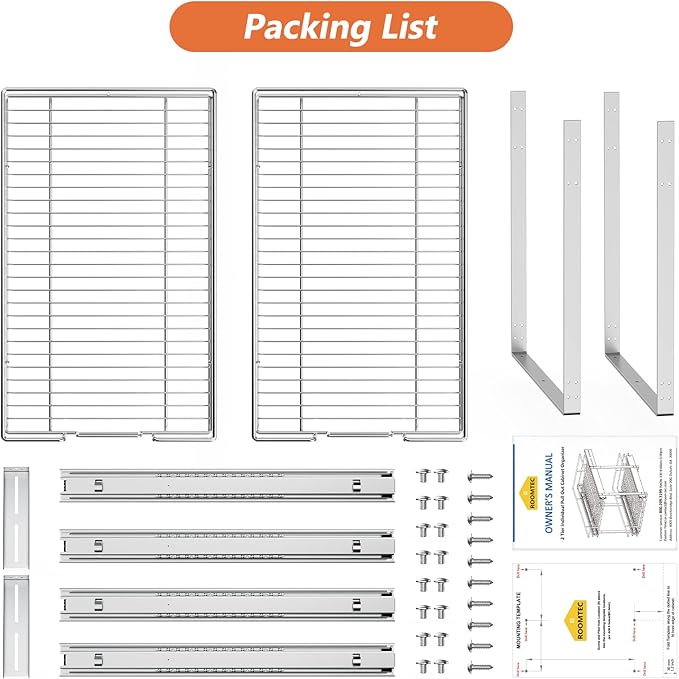 ROOMTEC Individual Pull Out Cabinet Organizer (22½"W x 21½"D), 2 Tier Spice Rack Organizer for Cabinet, Slide Out Drawer Pantry Shelf Organization and Storage for Kitchen Bathroom