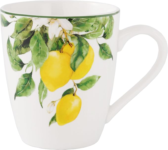 Lorren Home Trends Bone China Lemon Print Coffee Mug Set of 4, 12 Oz, Microwave and Dishwasher Safe (YELLOW)