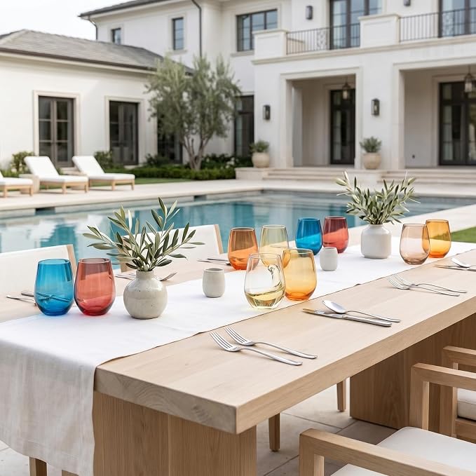 Khen European Style Shatterproof Tritan Stemless Wine Glasses, Acrylic Glass Drinkware, Unbreakable Colored, 12- Set - BPA-free plastic, Reusable, Dishwasher Safe, All Purpose Glassware 15oz - (Muted)