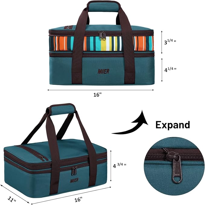 MIER Insulated Double Casserole Carrier Bag for Lasagna Lugger, Potluck Parties, Picnic, Beach, Fits 9 x 13 Inches Baking Dish, Casserole Dish, Expandable by Mid Zipper, Peacock Blue