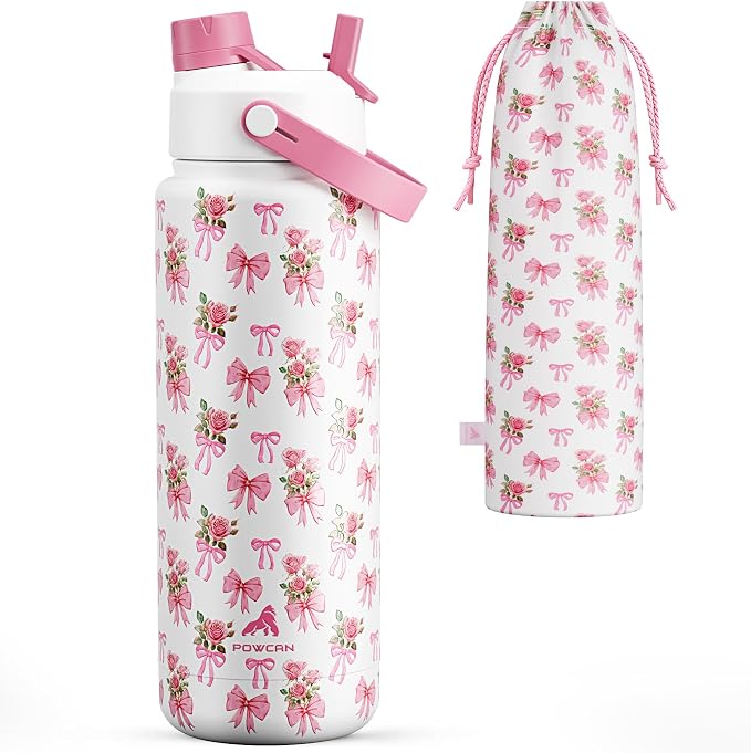 POWCAN 32 oz Insulated Water Bottle with 2-in-1 Straw and Spout Lid, Keep Cold 24H, Leak-Proof, BPA-Free, Double Wall Stainless Steel Water Bottle for Sports, Gym, Travel, Gift, Home (Rosy Bouquet)