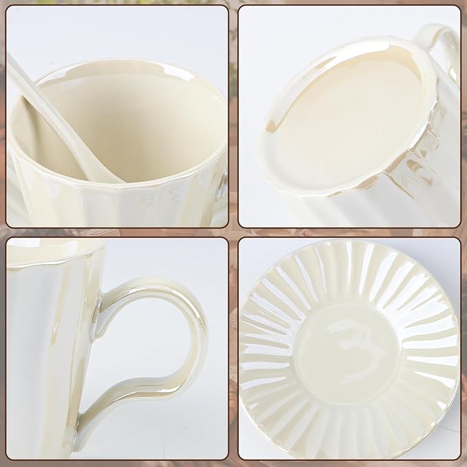 7.5oz Ceramic Cappuccino Cup with Saucer and Spoon Set of 4 | Porcelain Coffee Cups Set for Latte, Tea, Espresso,Cappuccino,Dishwasher and Microwave Safe,Pearl White