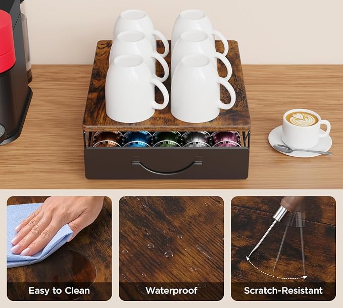 HFHOME Vertuo Pod Holder, Compatible for Nespresso Vertuoline 40 Big or 60 Small Capsules, Wooden Top and Mesh Shelves, Kitchen Counter Coffee Bar Station Organizer with Sliding Drawer, Rustic Brown