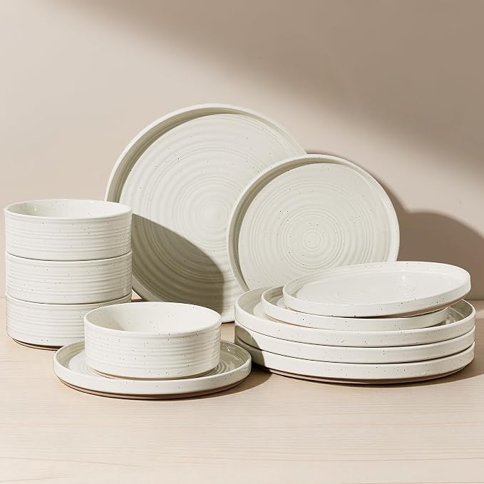 Stoneware Dinnerware Sets for 4, 12-Piece High Edge Plates and Bowls with Speckled Glaze & Spiral Design - Chip & Scratch Resistant, Microwave & Dishwasher Safe - Farmhouse, Cream