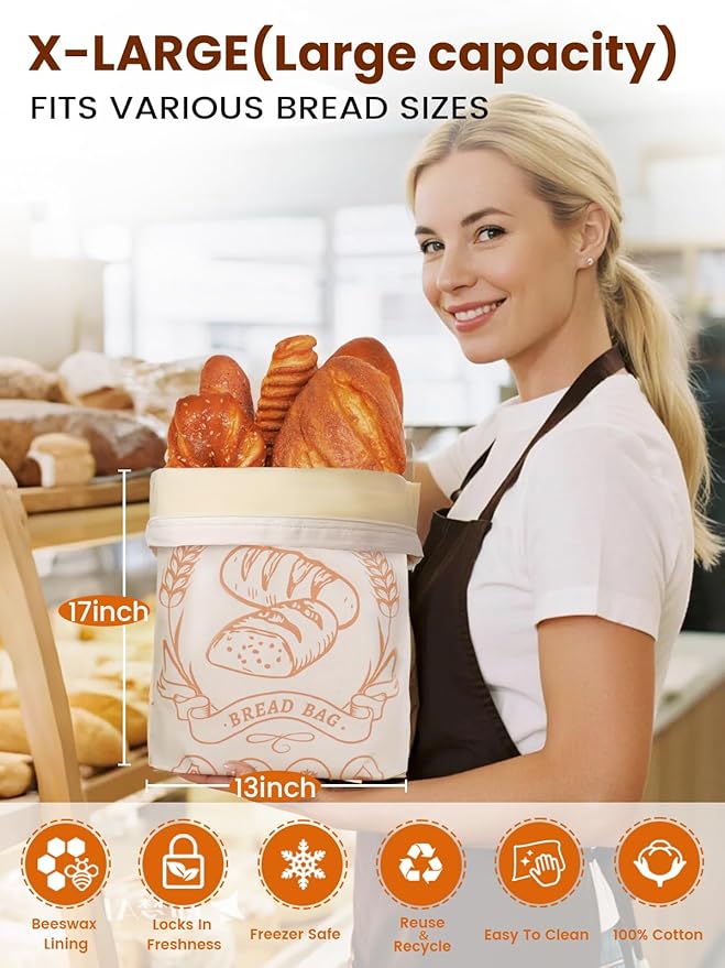 2 Pack Beeswax Bread Bags with Zipper, XL(13x17in) Sourdough Bread Storage for Homemade, Freezer Storage Bag to Keep Fresh, Cotton Beeswax Container, Baguette Bag with Liner Kitchen Baking (Off-White)